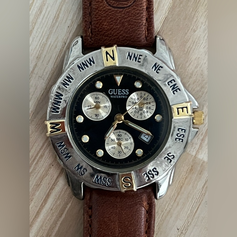 Guess Waterpro Men’s Watch Chronograph Black Dial with Date Brown Leather Strap